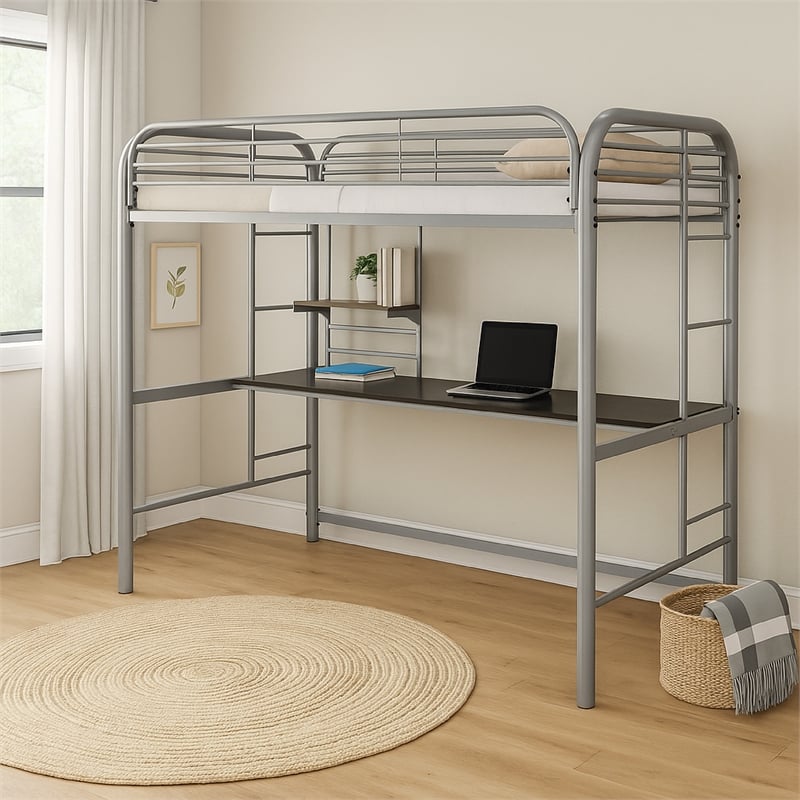 Benjara Metal Frame Twin Size Loft Bed with 2 Attached Ladders- Silver