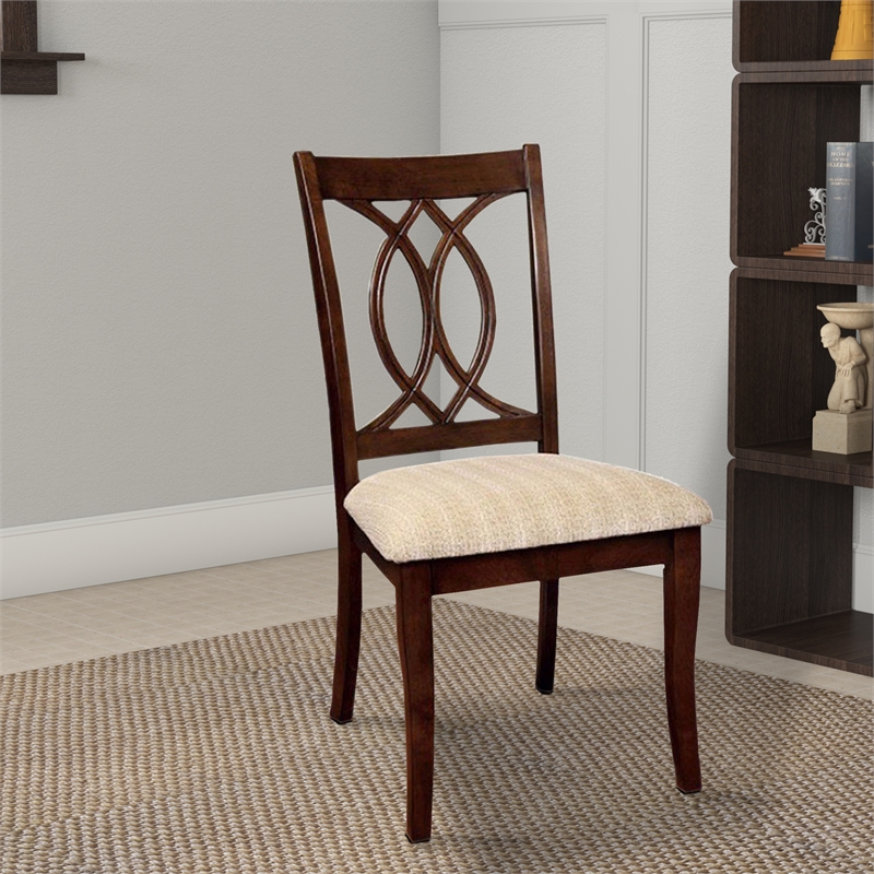 Benjara Fabric Upholstered Side Chair with Cut Out Back (Set of 2)-Beige & Brown