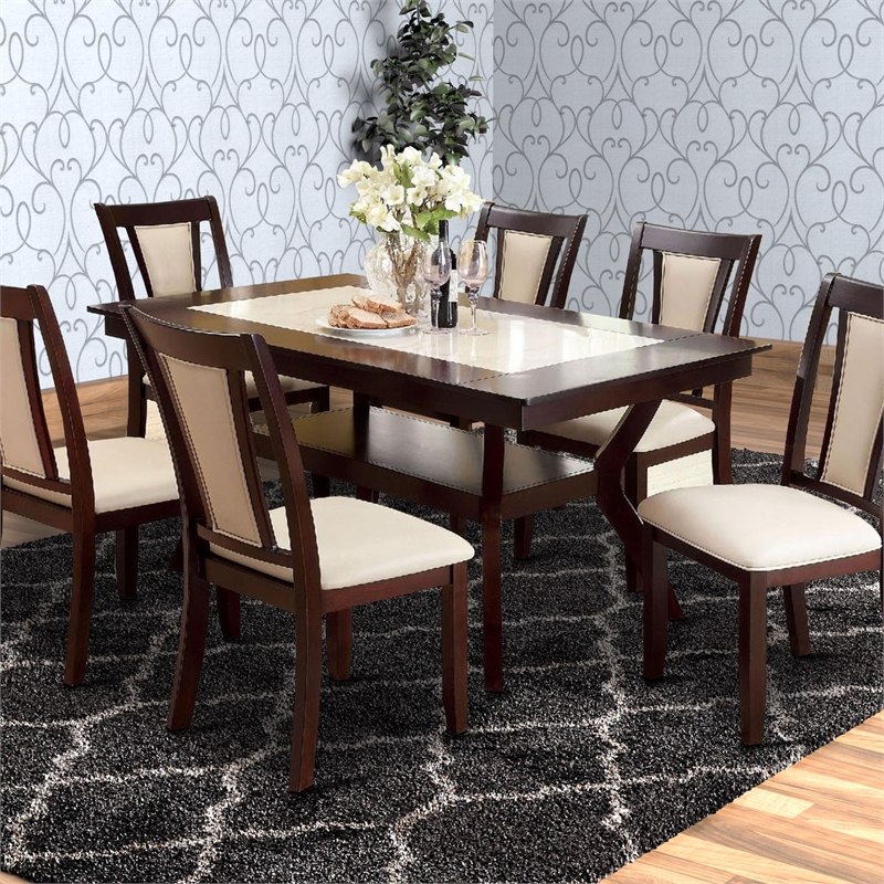 Benjara Rectangular Wooden Dining Table with Angled Wooden Legs- Brown and Cream