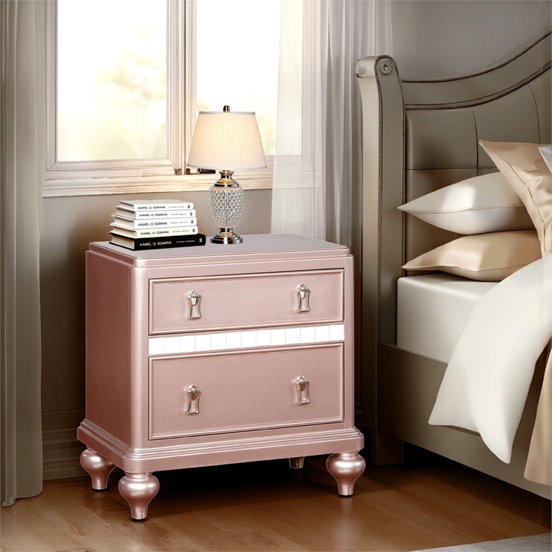 Benjara Contemporary Solid Wood Night Stand With Mirror Trim- Pink