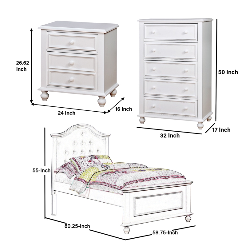 Benjara Aure 3 Pc Full Size Kids Bedroom Set- Curved Tufted Headboard- White