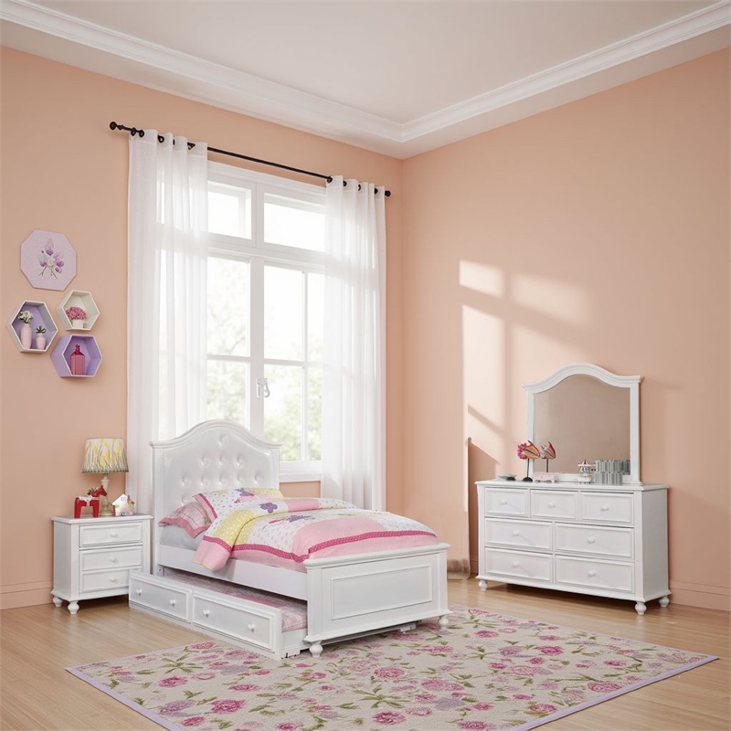 Benjara Aure 3 Pc Full Size Kids Bedroom Set- Curved Tufted Headboard- White