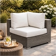 Benjara Faux Rattan Corner Chair with Seat & Back Cushions- Brown & White