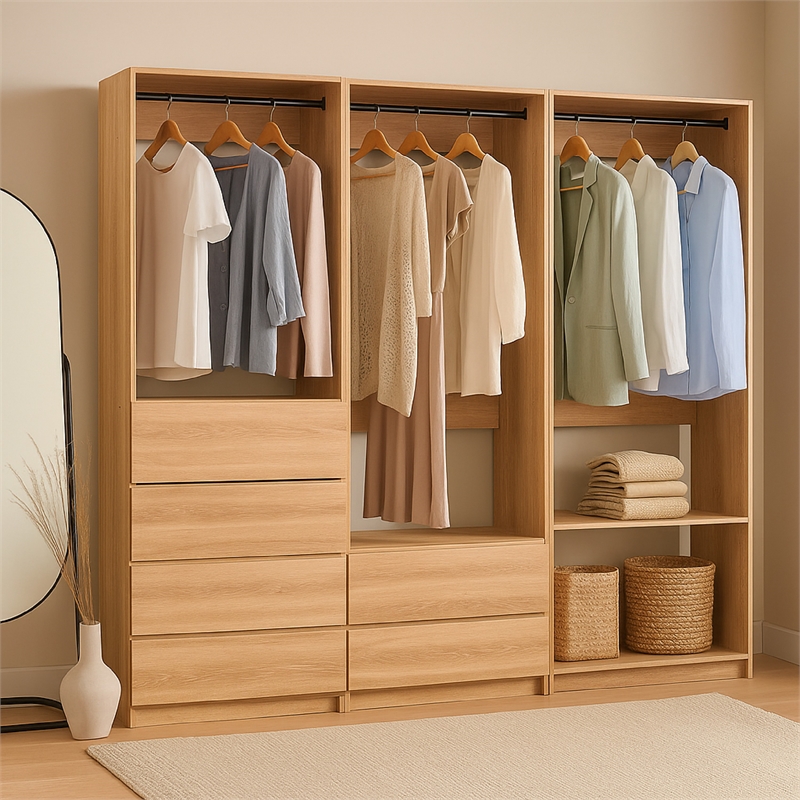 Benjara Dee Walk In Closet- Modular Freestanding Storage 4 Shelf 3 Rods- Brown