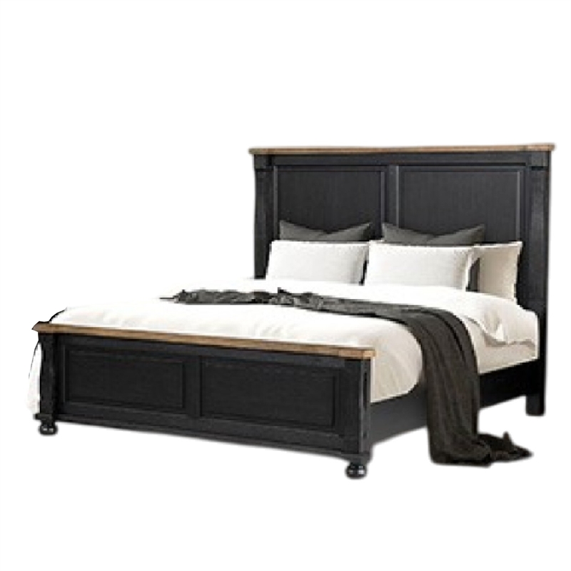 Benjara Ginie King Bed- Tall Headboard- Farmhouse Legs- Black Oak Brown Oak