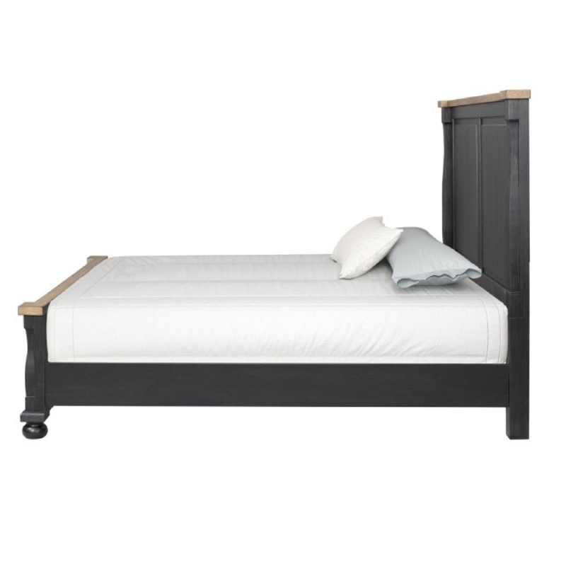 Benjara Ginie King Bed- Tall Headboard- Farmhouse Legs- Black Oak Brown Oak