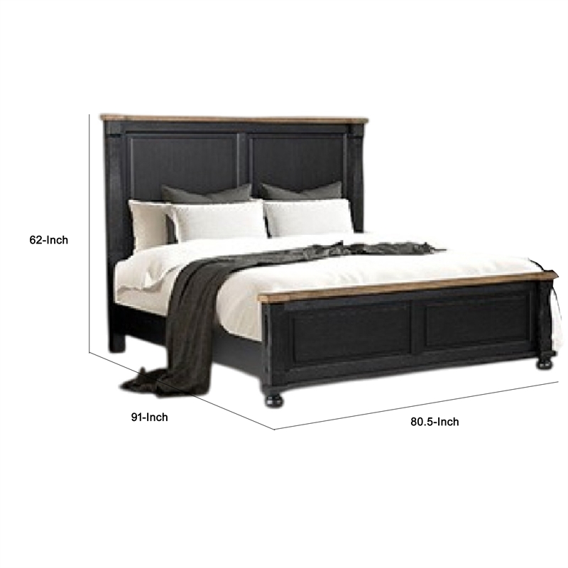 Benjara Ginie King Bed- Tall Headboard- Farmhouse Legs- Black Oak Brown Oak