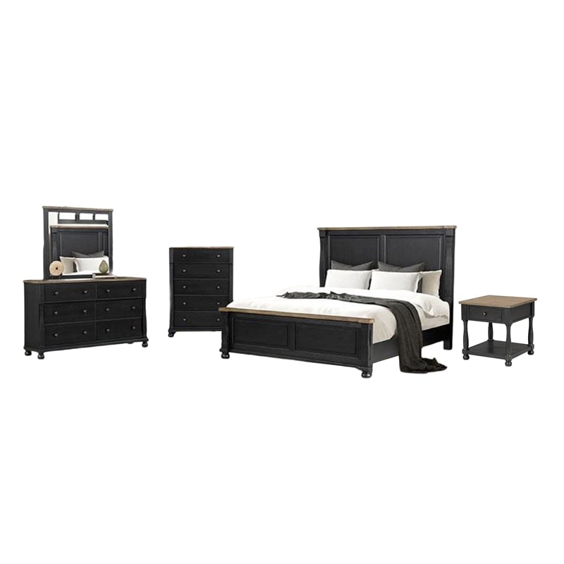 Benjara Ginie 5pc Queen Bedroom Set- USB Bedside Table- Black Rustic Oak Brown