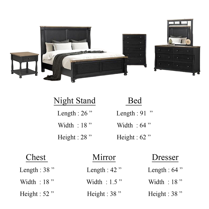 Benjara Ginie 5pc Queen Bedroom Set- USB Bedside Table- Black Rustic Oak Brown