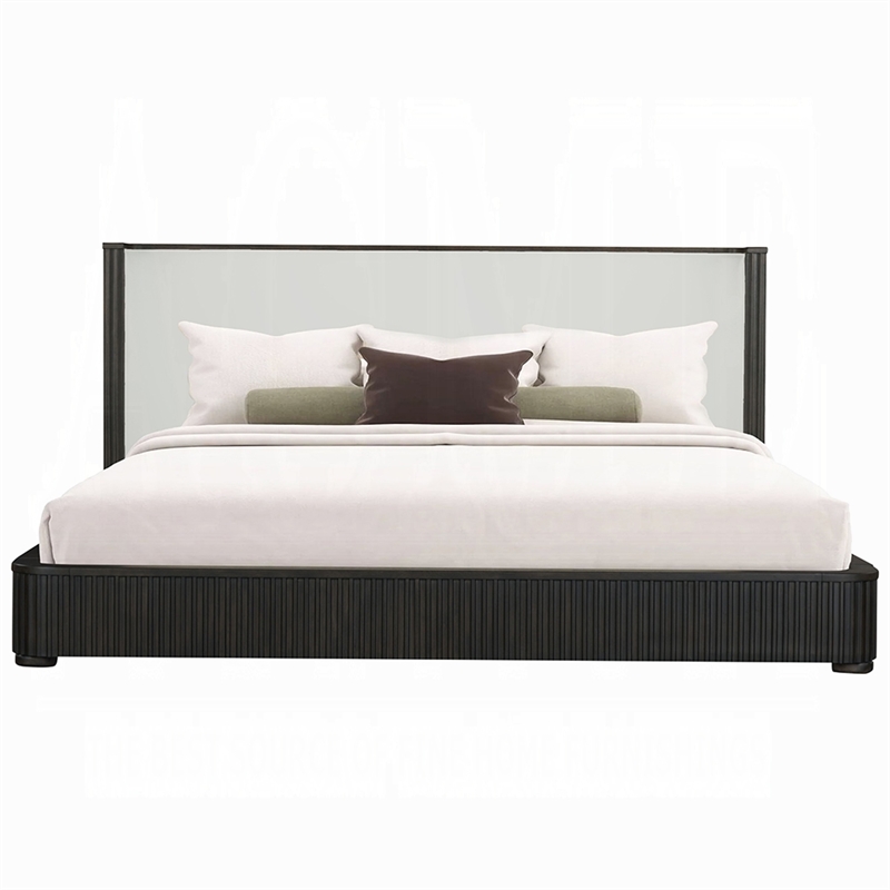 Benjara Jeh King Size Bed- White Upholstered- Espresso Brown Ribbed Details