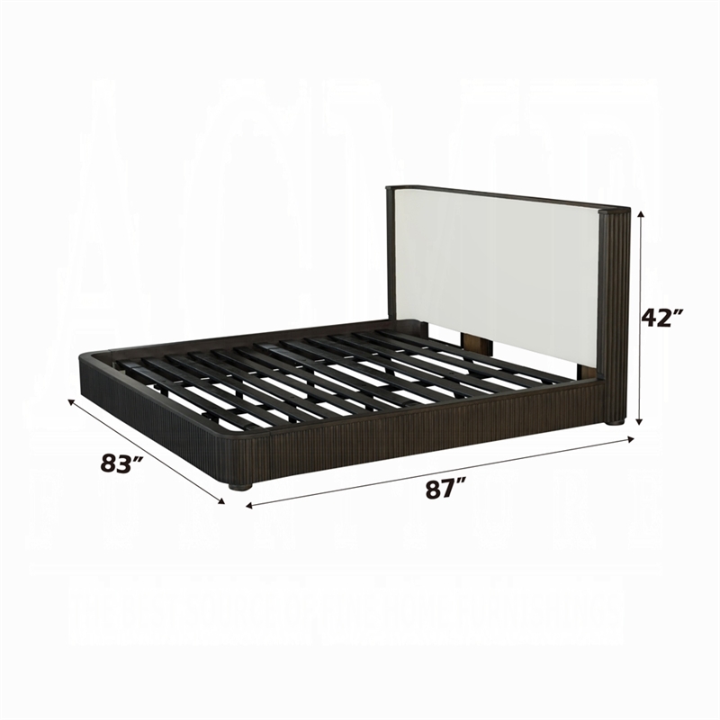 Benjara Jeh King Size Bed- White Upholstered- Espresso Brown Ribbed Details