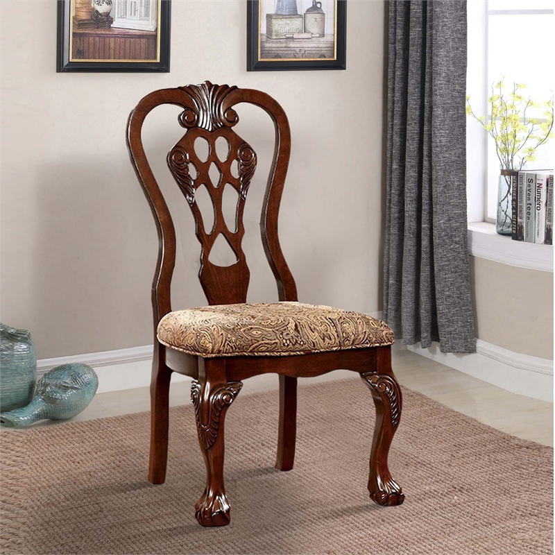 Benjara Elana Traditional Side Chair With fabric- Brown Cherry Finish (Set of 2)