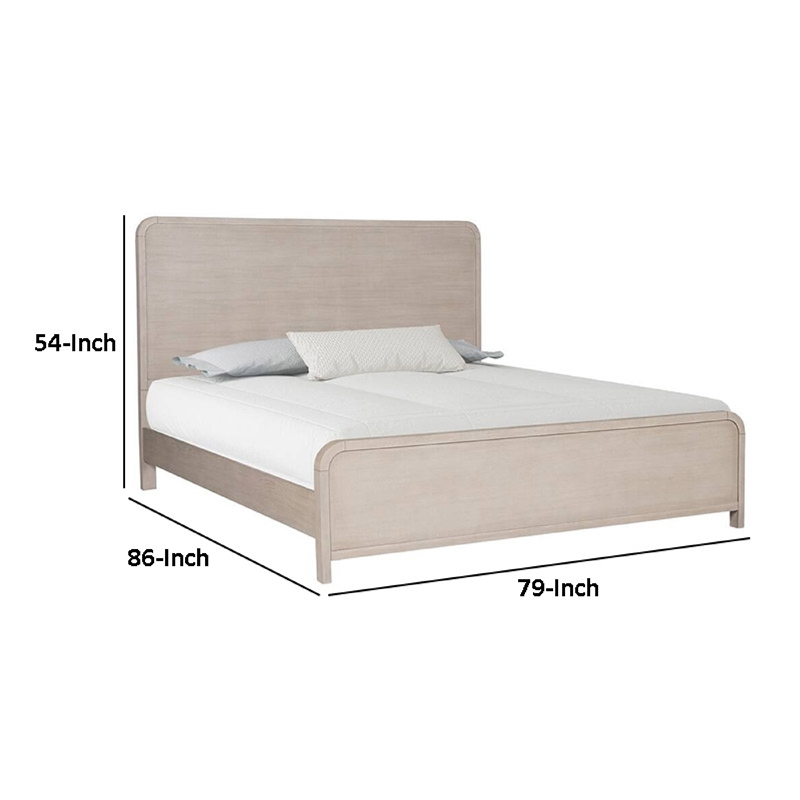 Benjara Giva King Size Bed- Rounded Edges- Natural Oak Beige- Solid Rubberwood
