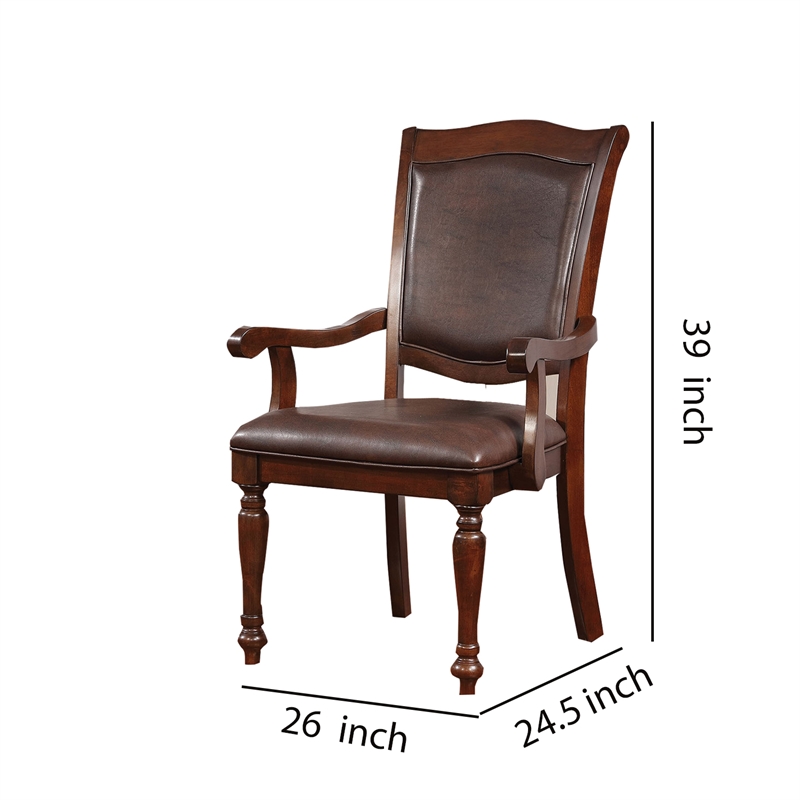 Benjara Wooden Arm Chair With Leather Upholstery- Cherry Brown (Set of 2)