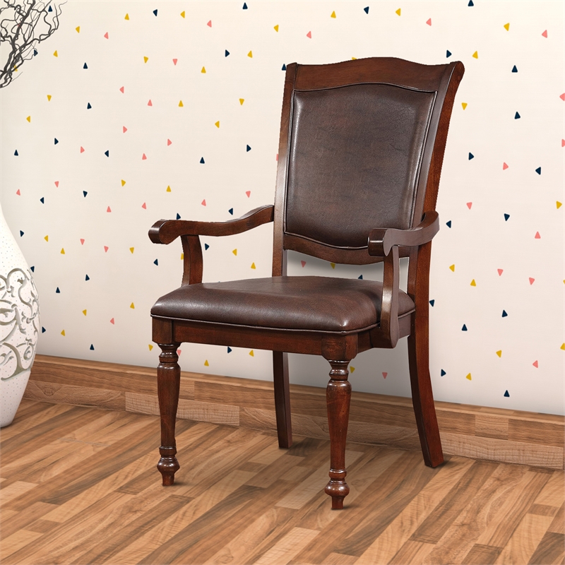 Benjara Wooden Arm Chair With Leather Upholstery- Cherry Brown (Set of 2)