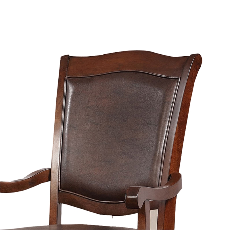 Benjara Wooden Arm Chair With Leather Upholstery- Cherry Brown (Set of 2)