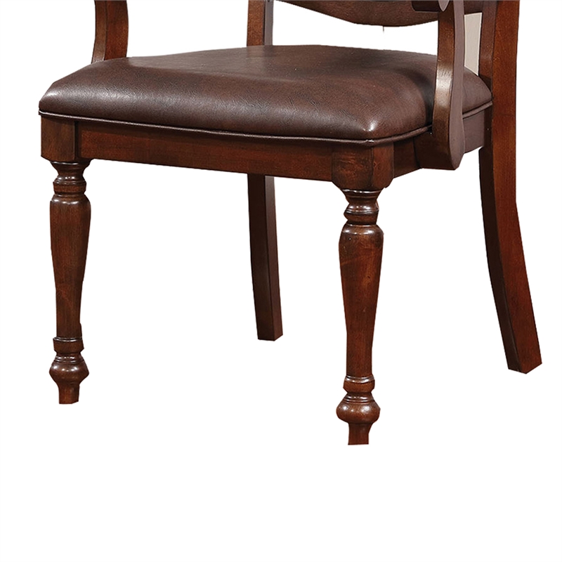 Benjara Wooden Arm Chair With Leather Upholstery- Cherry Brown (Set of 2)