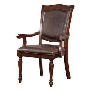Benjara Wooden Arm Chair With Leather Upholstery- Cherry Brown (Set of 2)