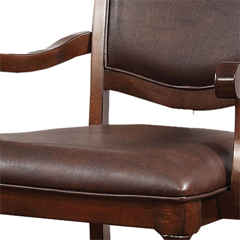 Benjara Wooden Arm Chair With Leather Upholstery- Cherry Brown (Set of 2)