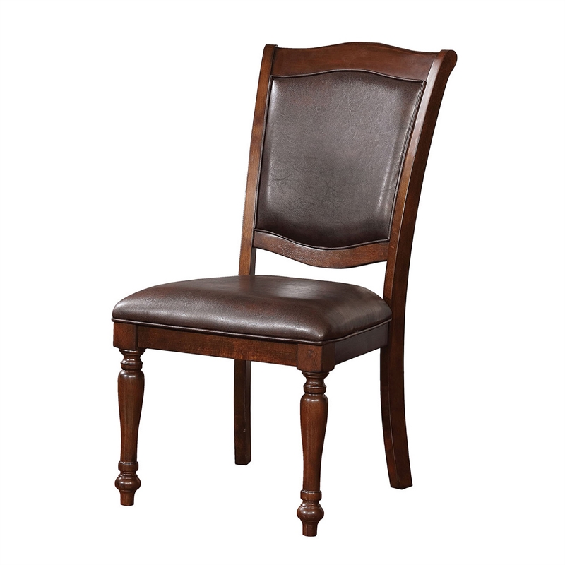 Benjara Wooden Side Chair with Leatherette Cushioned Seating- Brown (Set of 2)
