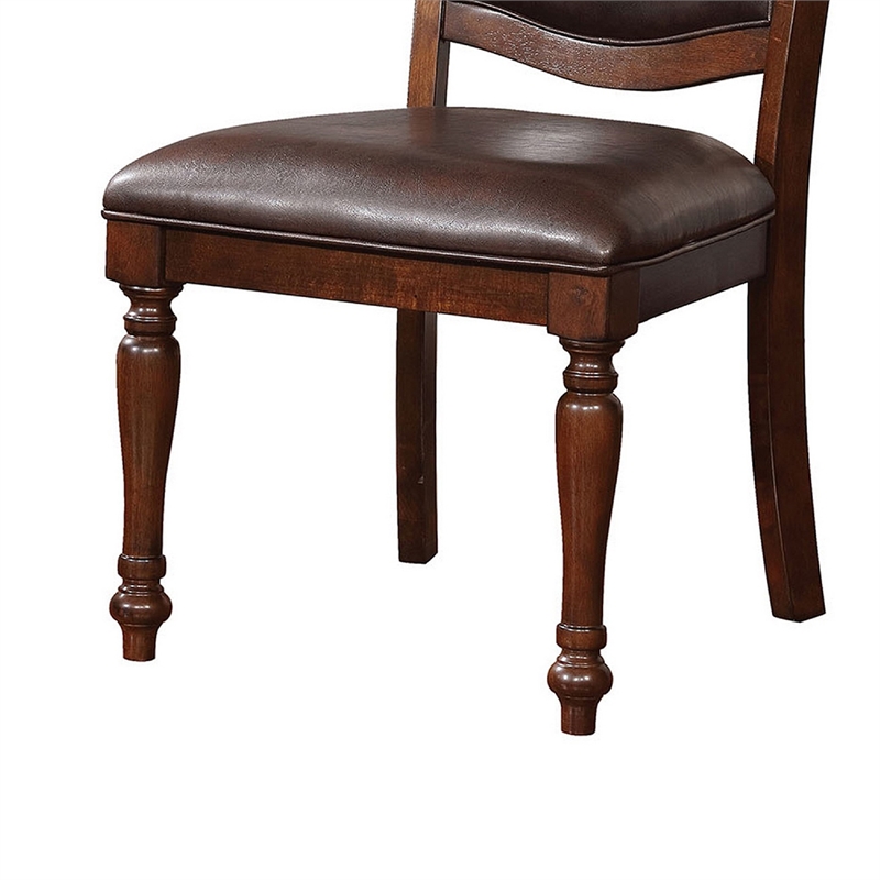 Benjara Wooden Side Chair with Leatherette Cushioned Seating- Brown (Set of 2)