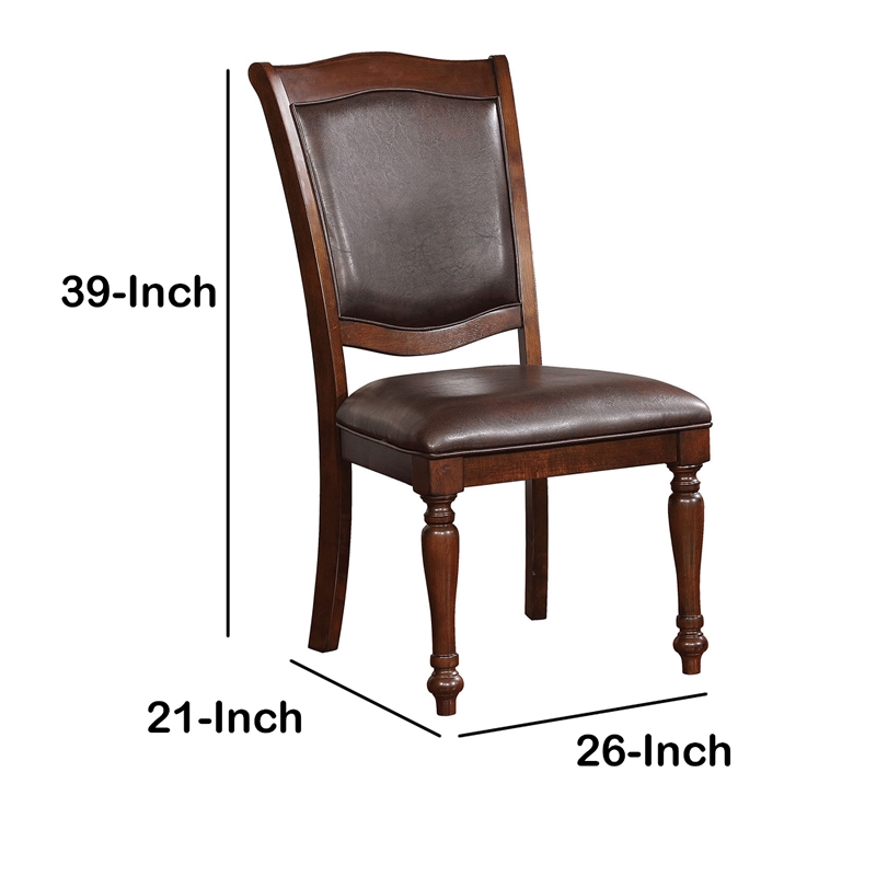 Benjara Wooden Side Chair with Leatherette Cushioned Seating- Brown (Set of 2)