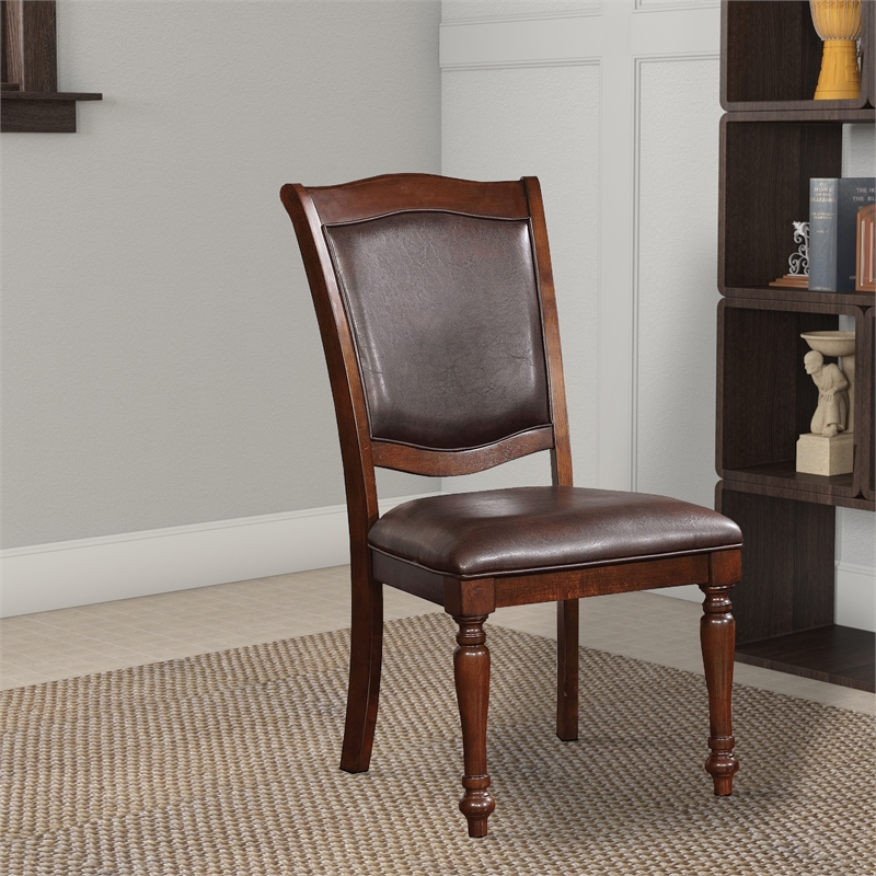 Benjara Wooden Side Chair with Leatherette Cushioned Seating- Brown (Set of 2)