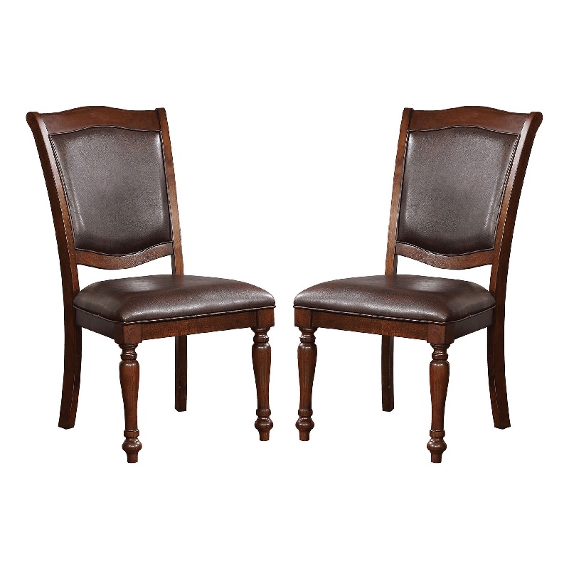 Benjara Wooden Side Chair with Leatherette Cushioned Seating- Brown (Set of 2)