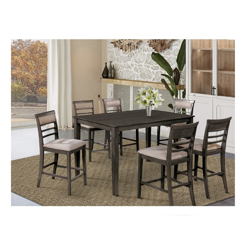 Benjara 7 Piece Wooden Counter Height Table Set- Brown