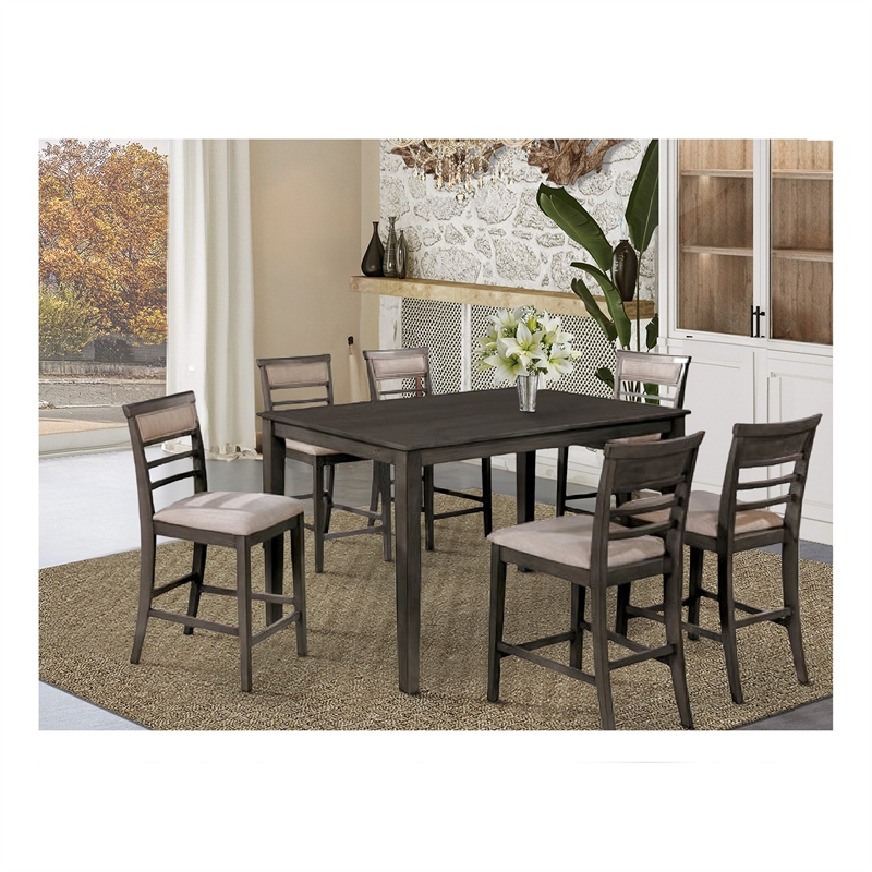 Benjara 7 Piece Wooden Counter Height Table Set- Brown