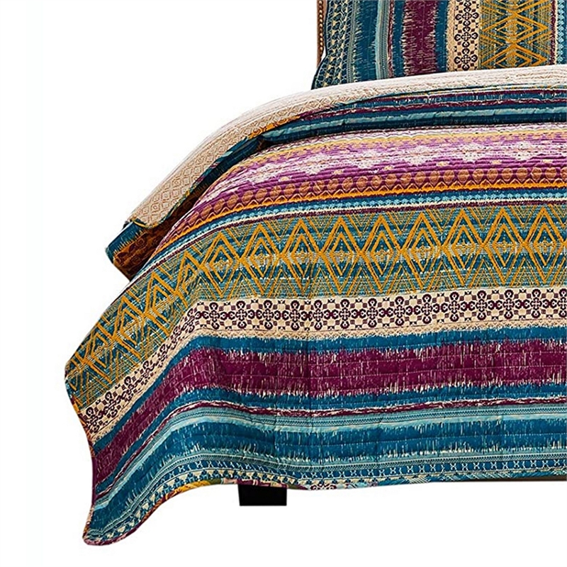 Benjara Tribal Motif Print Cotton Twin Quilt Set with 1 Pillow Sham- Multicolor
