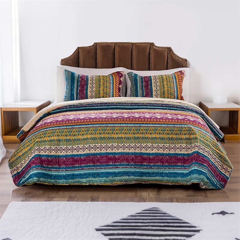Benjara Tribal Motif Print Cotton Twin Quilt Set with 1 Pillow Sham- Multicolor
