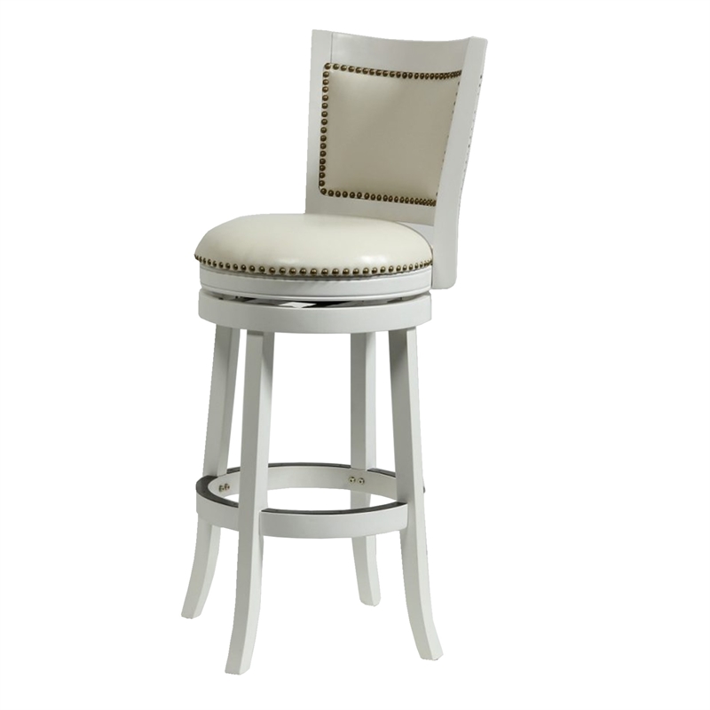 Benjara Nailhead Trim Round Leatherette Barstool with Flared Legs- White