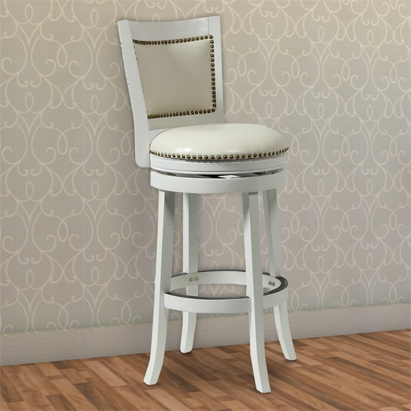 Benjara Nailhead Trim Round Leatherette Barstool with Flared Legs- White