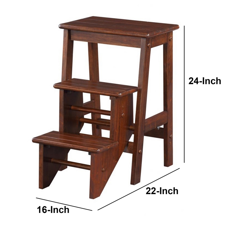 Benjara 3 Step Wooden Frame Stool with Safety Latch- Brown