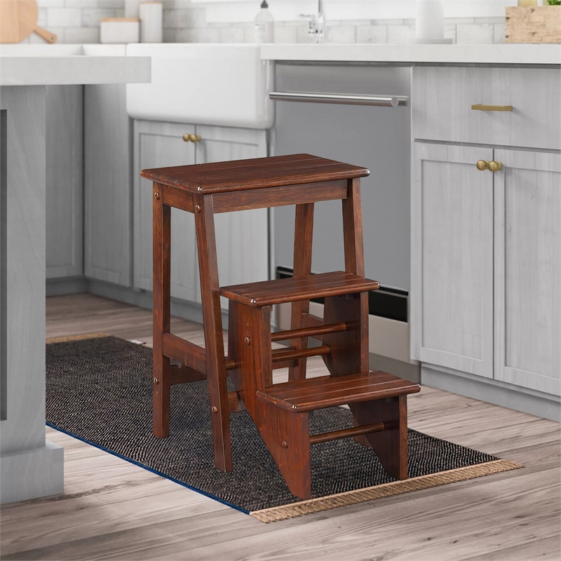 Benjara 3 Step Wooden Frame Stool with Safety Latch- Brown