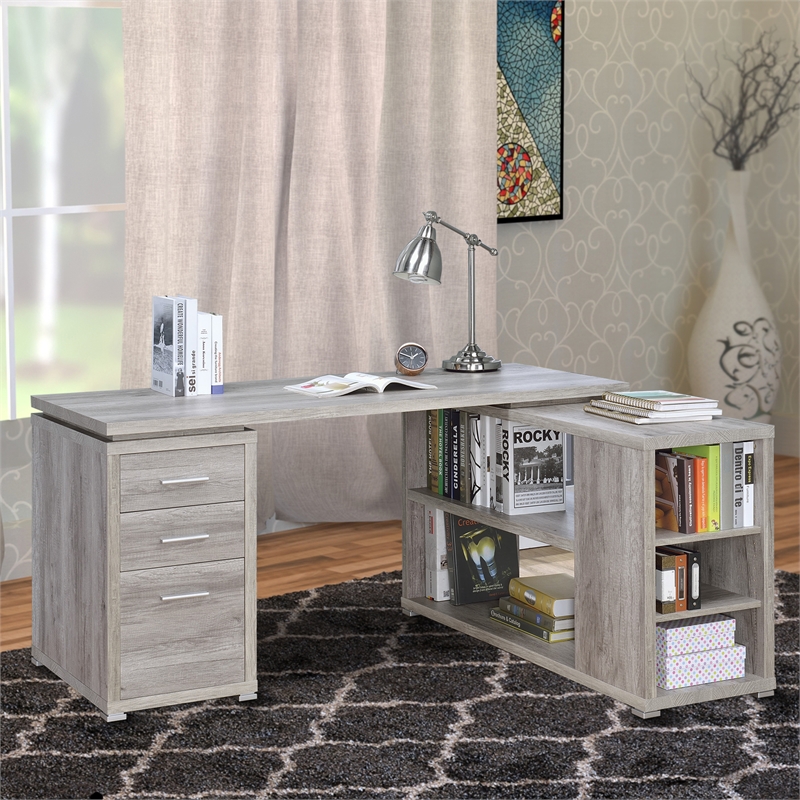 Benjara Contemporary Style L Shaped Office Desk- Gray