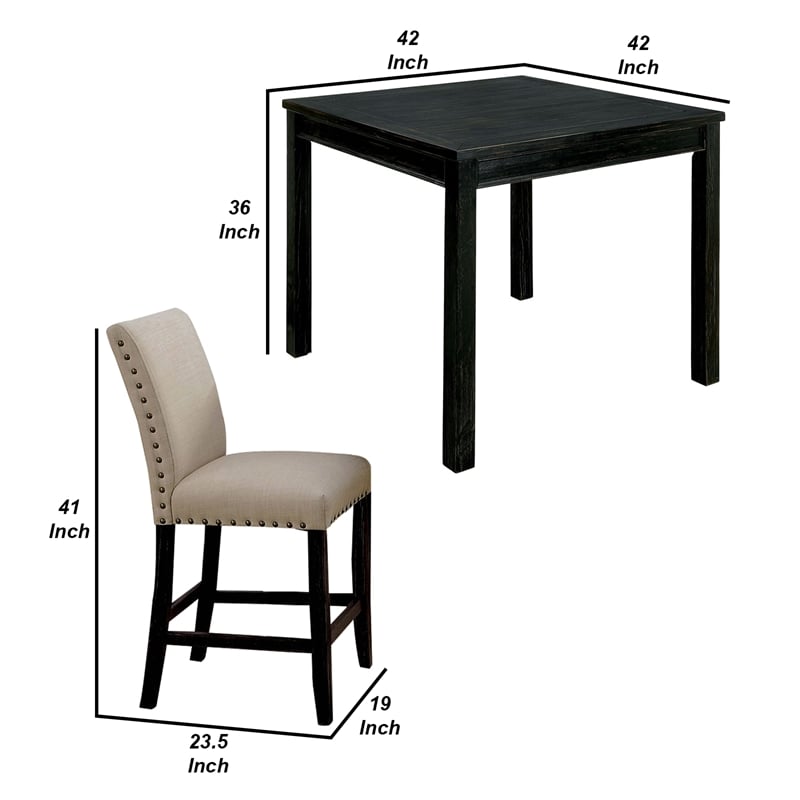 Benjara 5 Piece Wooden Counter Height Table Set In Antique Black And Beige
