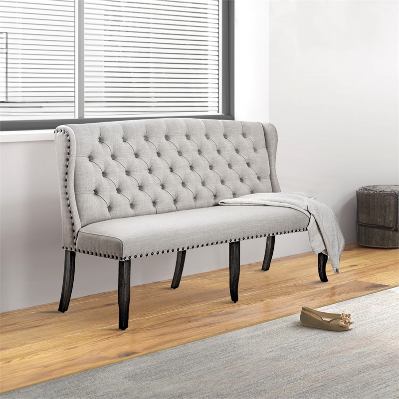 Benjara Stylish Long bench with tufted back- ivory