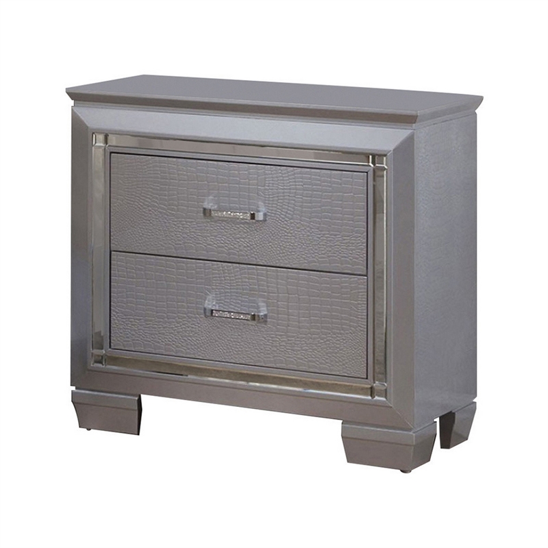 Benjara 2 Drawer Wooden Nightstand with Embossed Textured Details- Gray