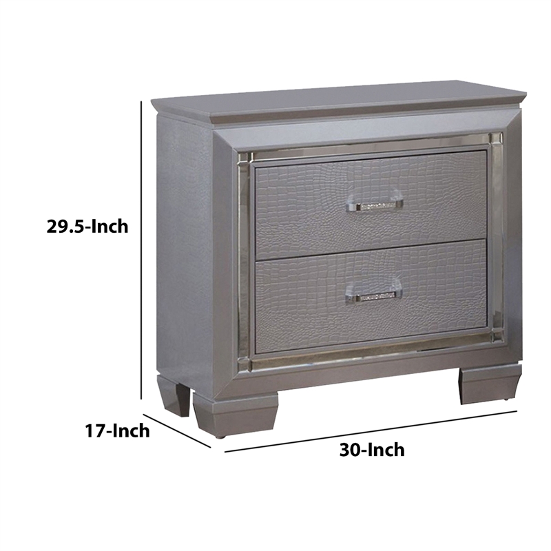 Benjara 2 Drawer Wooden Nightstand with Embossed Textured Details- Gray