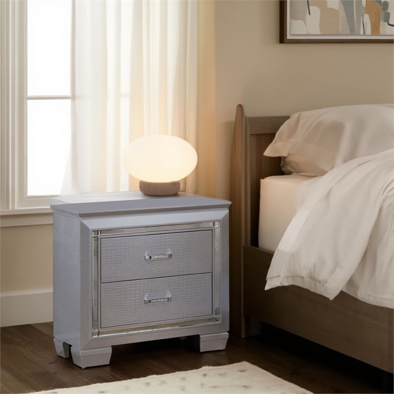 Benjara 2 Drawer Wooden Nightstand with Embossed Textured Details- Gray