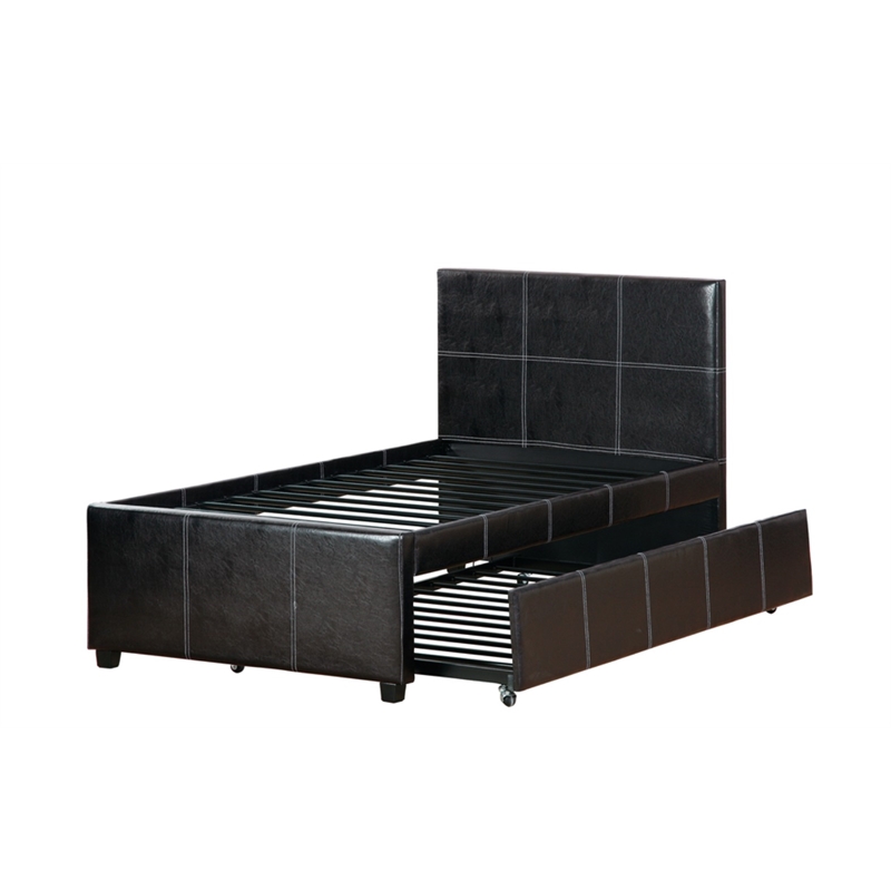 Benjara Mesmeric Twin Bed With Trundle Espresso Faux Leather-Brown