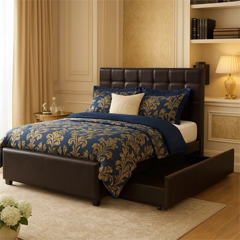 Benjara Multi utility Full Bed w/ Trundle Squ Tufted Head Boards Espresso-Black