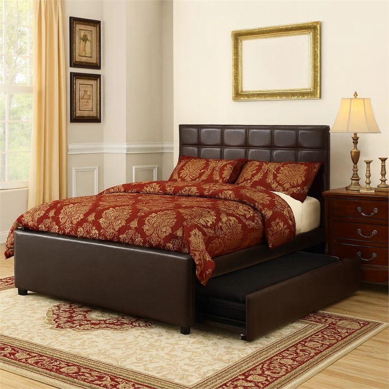 Benjara Multi utility Full Bed w/ Trundle Squ Tufted Head Boards Espresso-Black