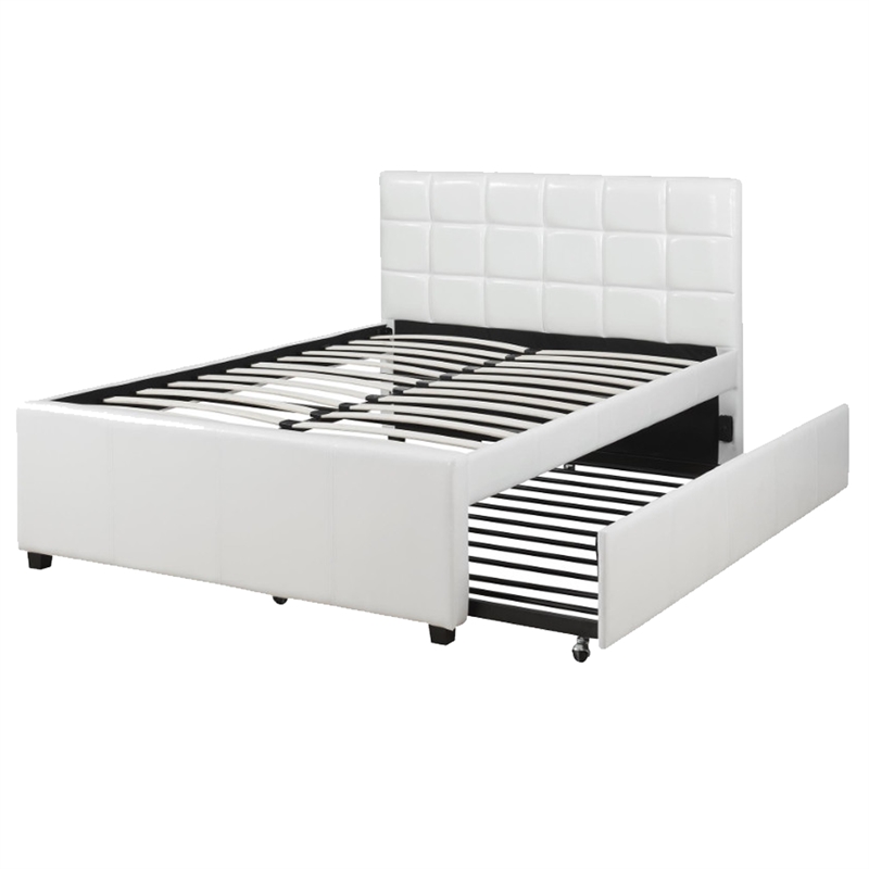 Benjara Gracious Wooden Full Bed With Trundle And SQU Tufted HB- White