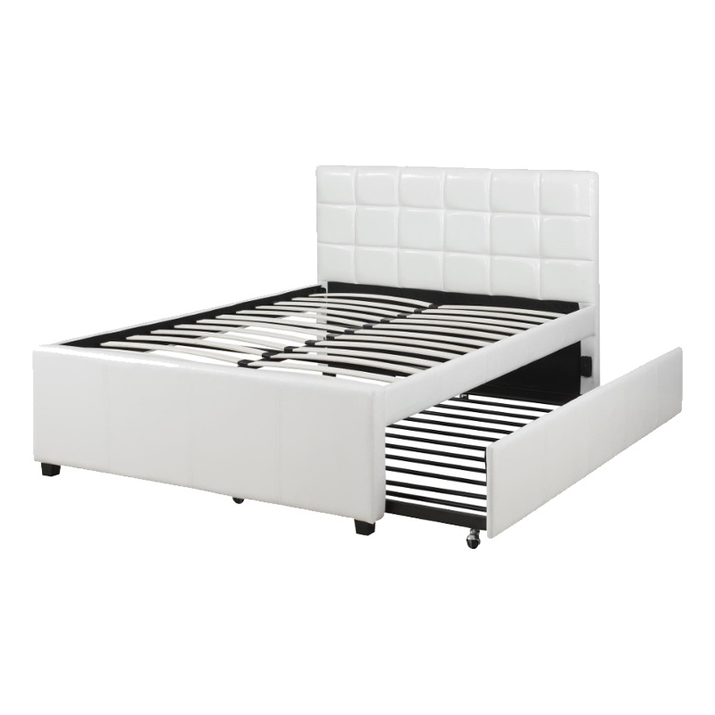 Benjara Gracious Wooden Full Bed With Trundle And SQU Tufted HB- White