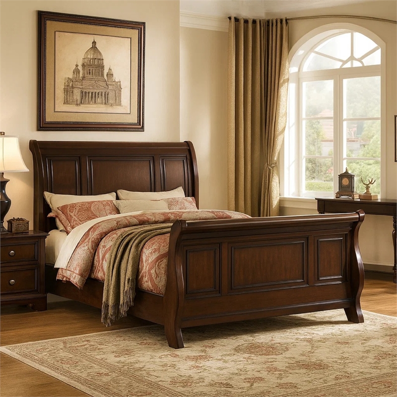 Benjara Marvelous Wooden E.King Bed- Antique Cherry Finish
