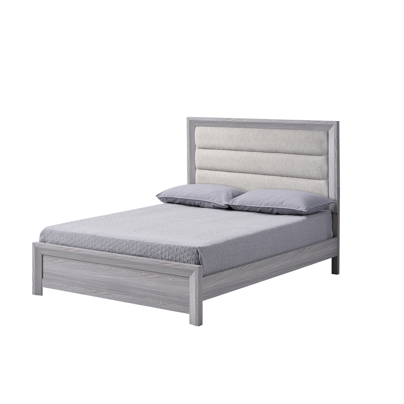Benjara Laide King Bed with Channel Tufted Upholstered Headboard- Driftwood Gray