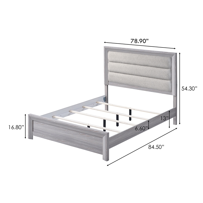 Benjara Laide King Bed with Channel Tufted Upholstered Headboard- Driftwood Gray